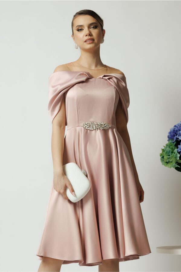 Rochie Ella Collection Jolie eleganta din tafta roz cu accesoriu metalic in talie