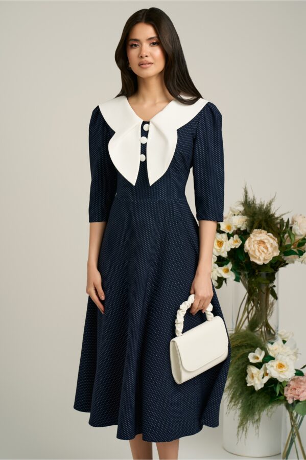 Rochie LaDonna bleumarin clos de ocazie cu guler maxi si nasturi perluta