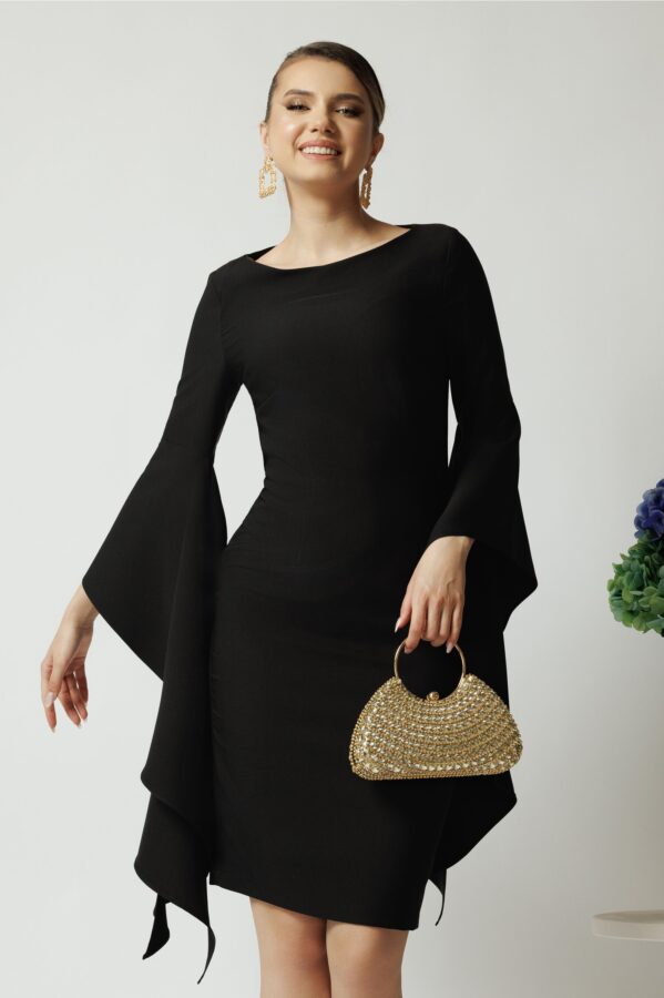 Rochie LaDonna de ocazie din stofa neagra cu maneci maxi evazate