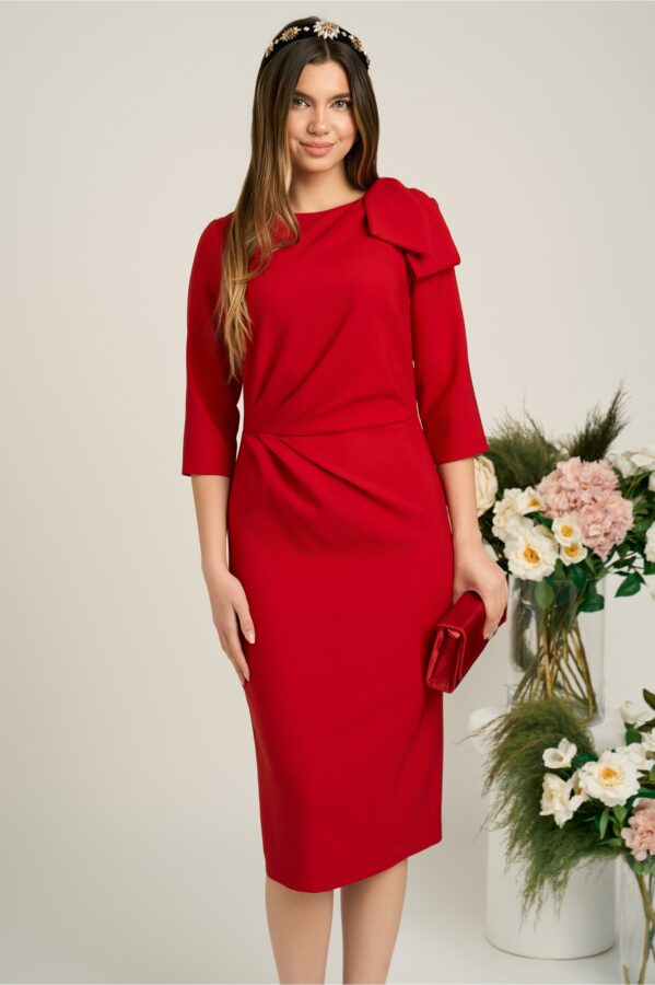 Rochie LaDonna eleganta din stofa rosie cu funda maxi pe umar si fronseu in talie