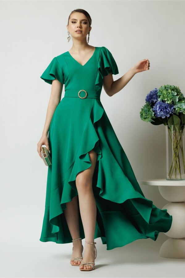 Rochie LaDonna lunga de ocazie din stofa verde cu volane si cordon in talie