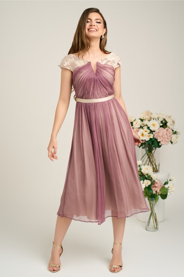 Rochie Leonard Collection eleganta din matase naturala lila cu floricele pe umeri