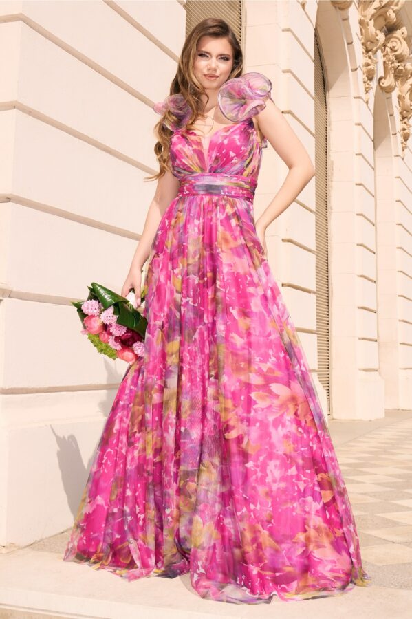 Rochie lunga de ocazie din tull fucsia cu imprimeu verde