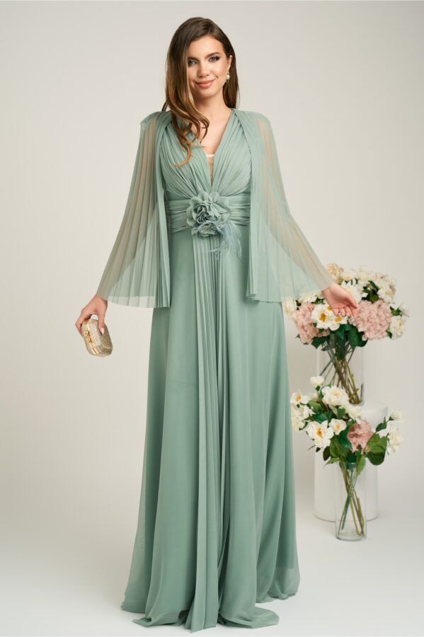 Rochie lunga de ocazie din tull verde fistic cu floare in talie