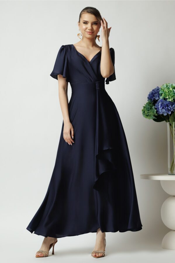 Rochie lunga eleganta din satin bleumarin cu volan