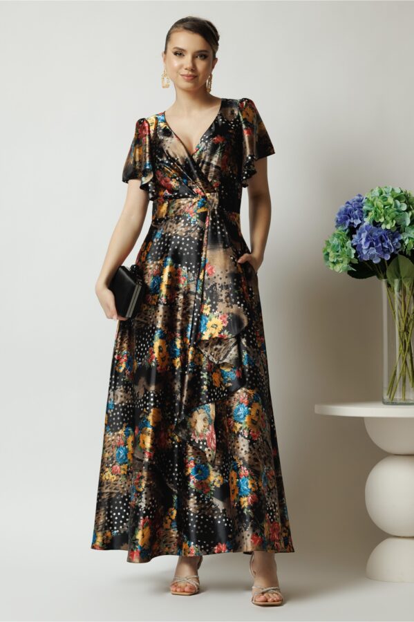 Rochie lunga eleganta din satin neagra cu flori orange si volan