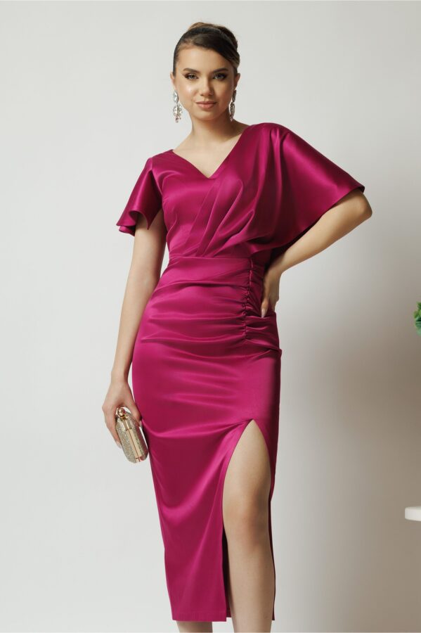 Rochie Moze eleganta din satin magenta cu fronseu si crepeu pe fusta