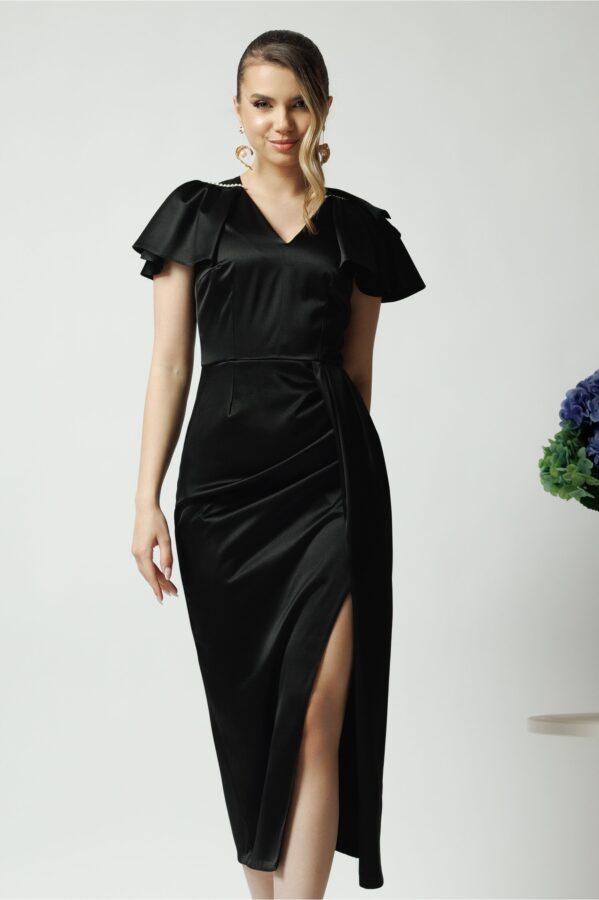 Rochie Moze eleganta din satin neagra cu perlute la umeri