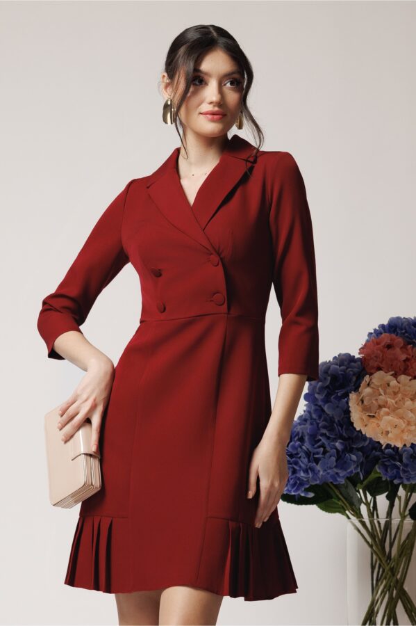Rochie Moze office din stofa bordo tip sacou cu pliuri la baza