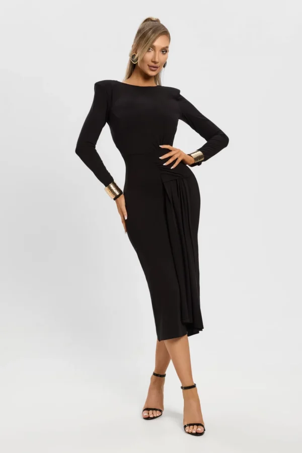 Rochie eleganta neagra cu lungimea midi si mulata pe corp