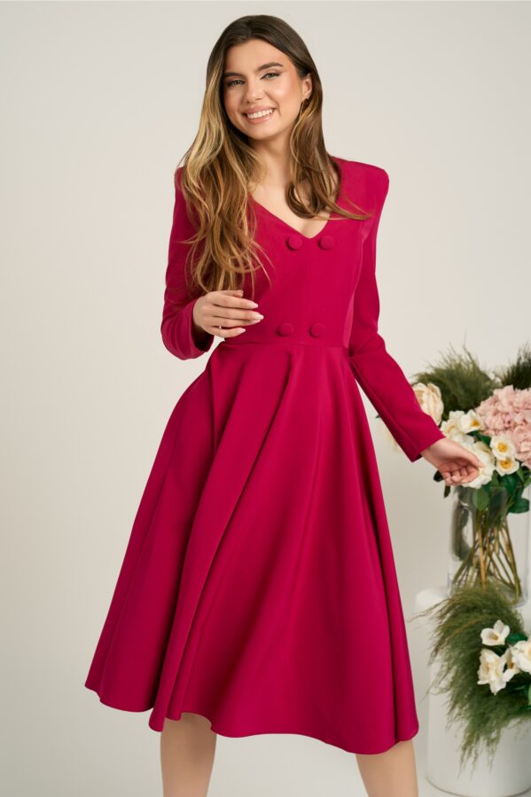 Rochie office din stofa fucsia cu nasturi la bust