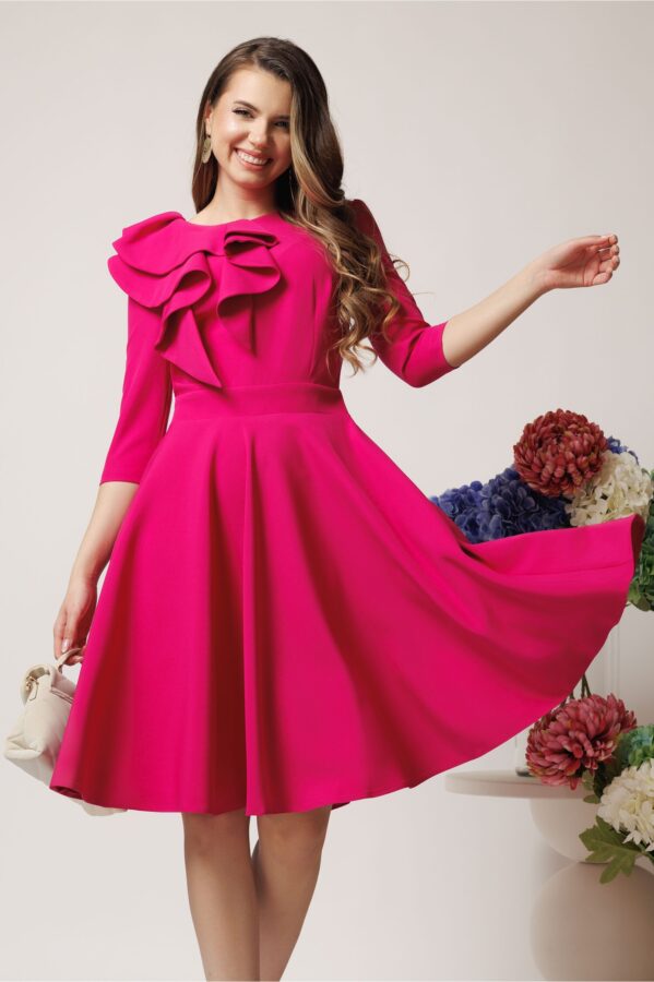 Rochie office din stofa fucsia cu volan maxi pe bust