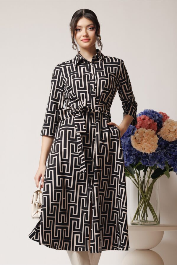 Rochie office din stofa neagra cu imprimeu bej si cordon in talie