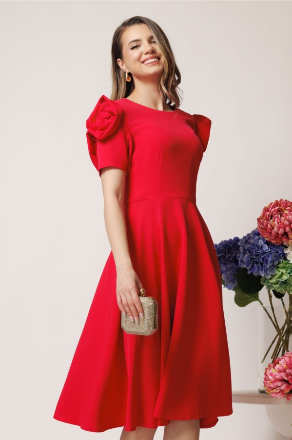 Rochie office din stofa rosu zmeura clos cu trandafiri la maneci