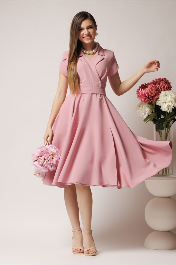 Rochie office din stofa roz cu nasturi si cordon decorativ in talie