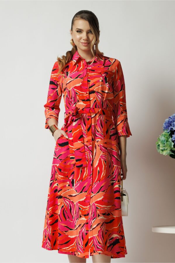 Rochie office din viscoza fucsia cu imprimeu portocaliu si cordon in talie