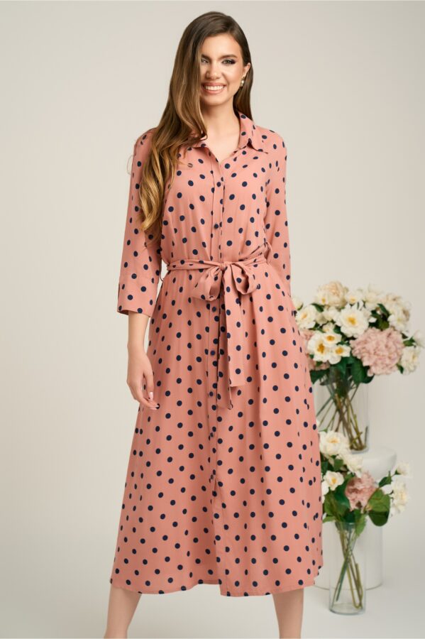 Rochie office din viscoza roz cu buline bleumarin si cordon in talie