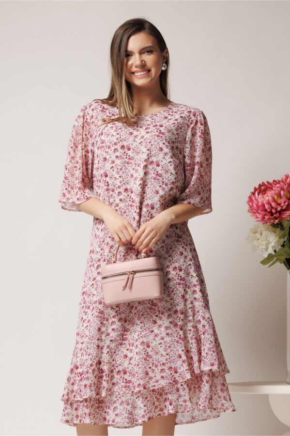 Rochie vaporoasa din voal ivory cu flori magenta