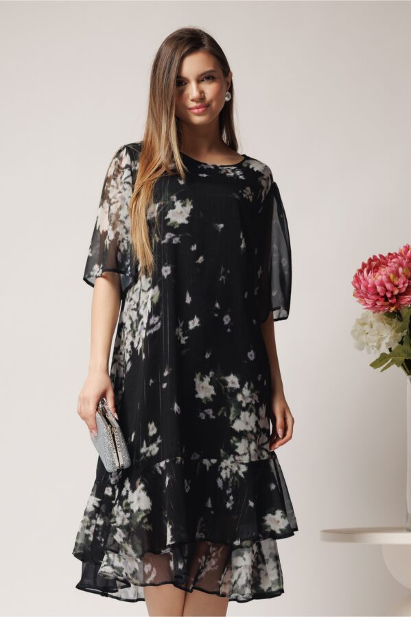Rochie vaporoasa din voal neagra cu imprimeu floral si insertii din fir lurex