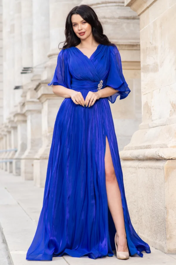Rochie de seara eleganta Fausta albastra cu maneci fluture si pliseuri