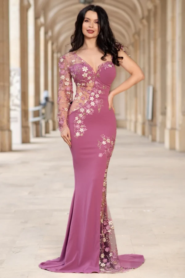 Rochie de seara eleganta lunga lila Anelisse tip sirena cu flori de cires brodate