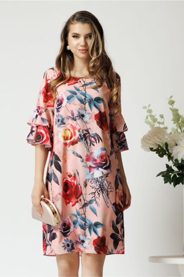 Rochie de zi din viscoza roz cu trandafiri