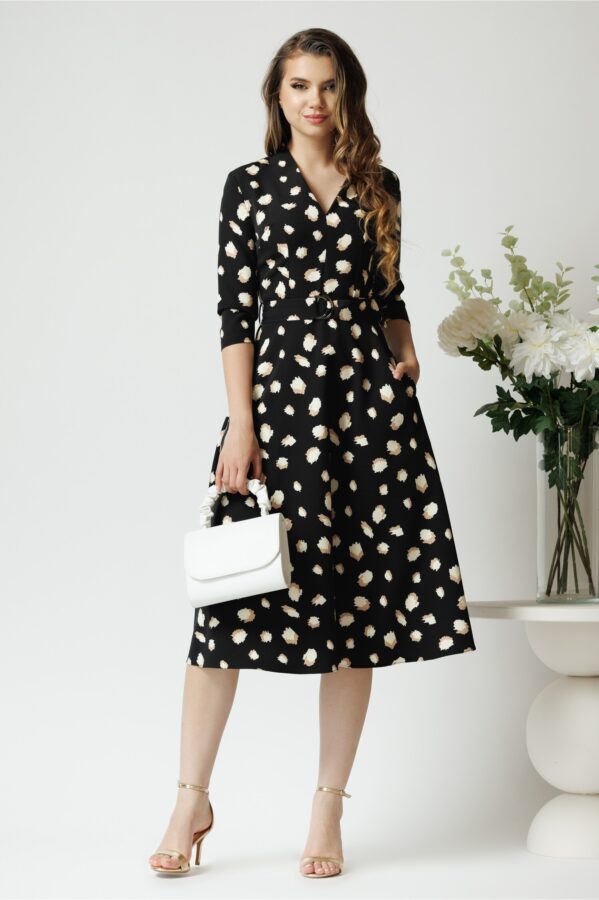 Rochie din stofa neagra midi de zi cu imprimeuri bej si decolteu