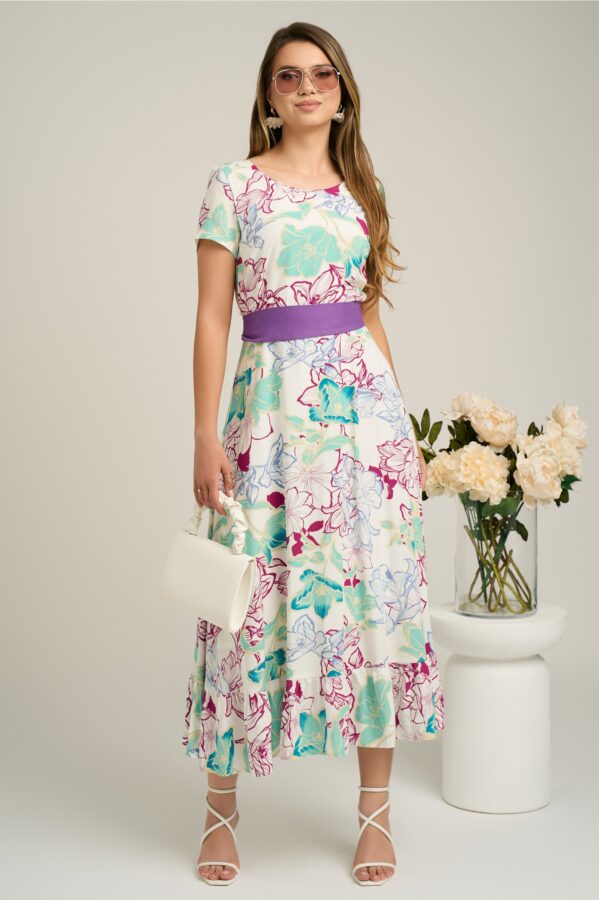 Rochie din viscoza alba cu imprimeu floral mov si cordon in talie
