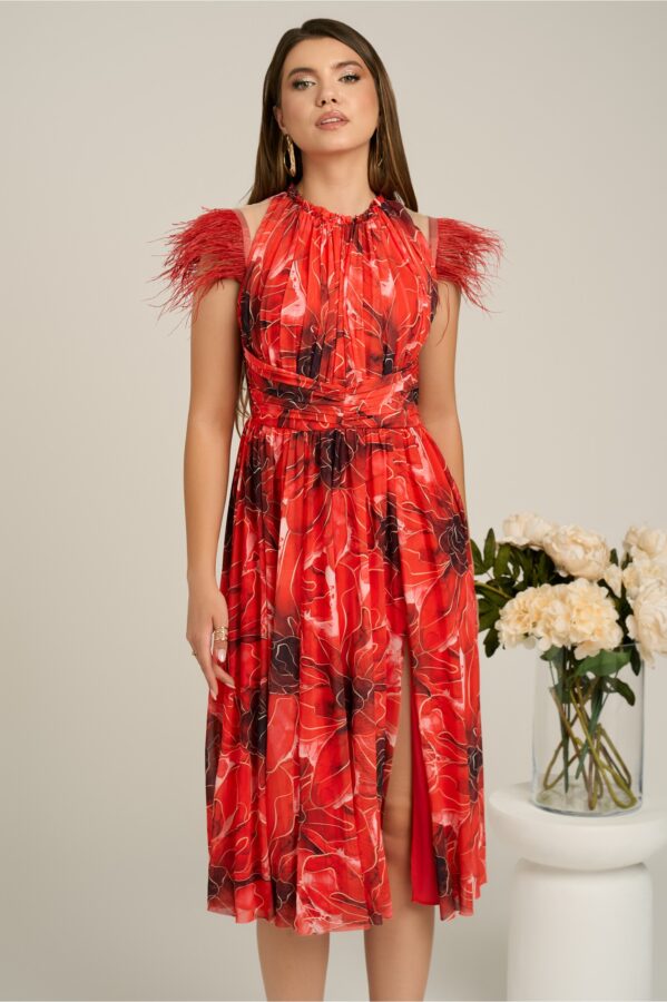 Rochie Dy Fashion cu imprimeu rosu si pene la umeri