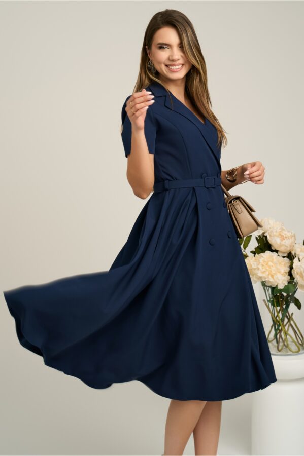 Rochie DY Fashion din stofa bleumarin cu nasturi si curea in talie