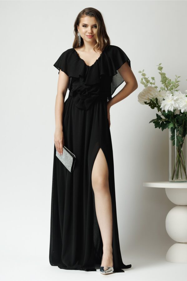 Rochie DY Fashion lunga eleganta din voal neagra cu floare in talie si volan la bust