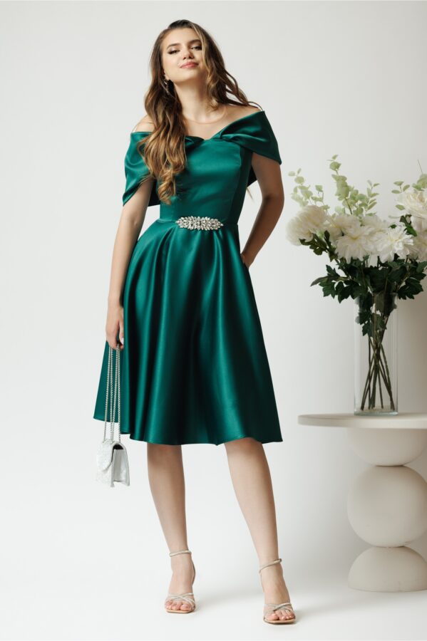 Rochie Ella Collection Jolie eleganta din tafta verde cu accesoriu metalic in talie