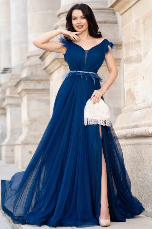 Rochie lunga de seara bleumarin Petronela decorata cu banda din fulgi