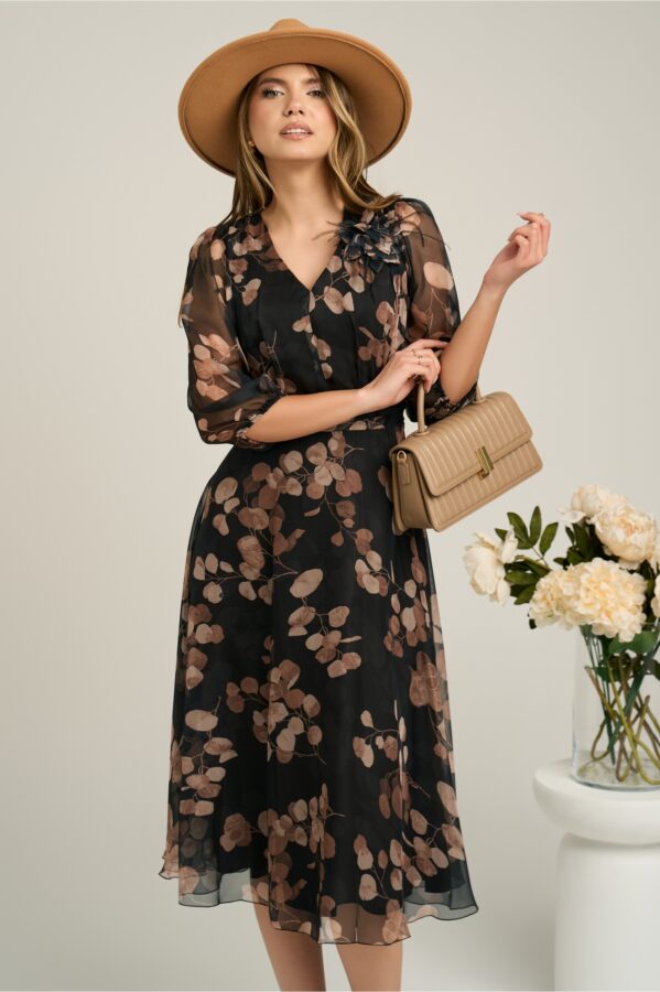 Rochie Viada din voal neagra cu imprimeuri bej si floare la bust
