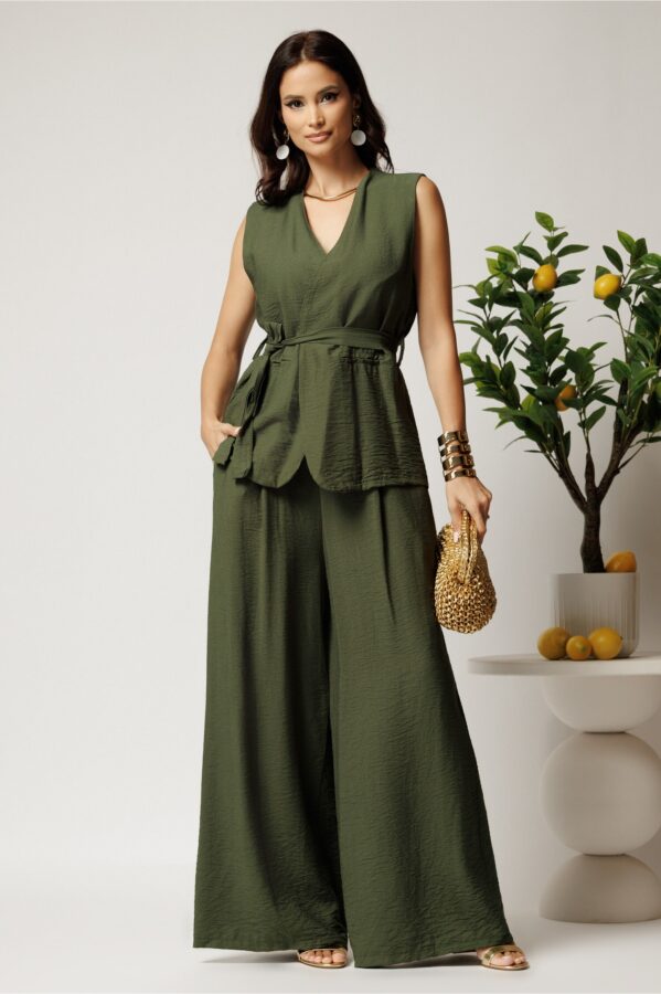 Compleu kaki din viscoza cu vesta si pantaloni lejeri