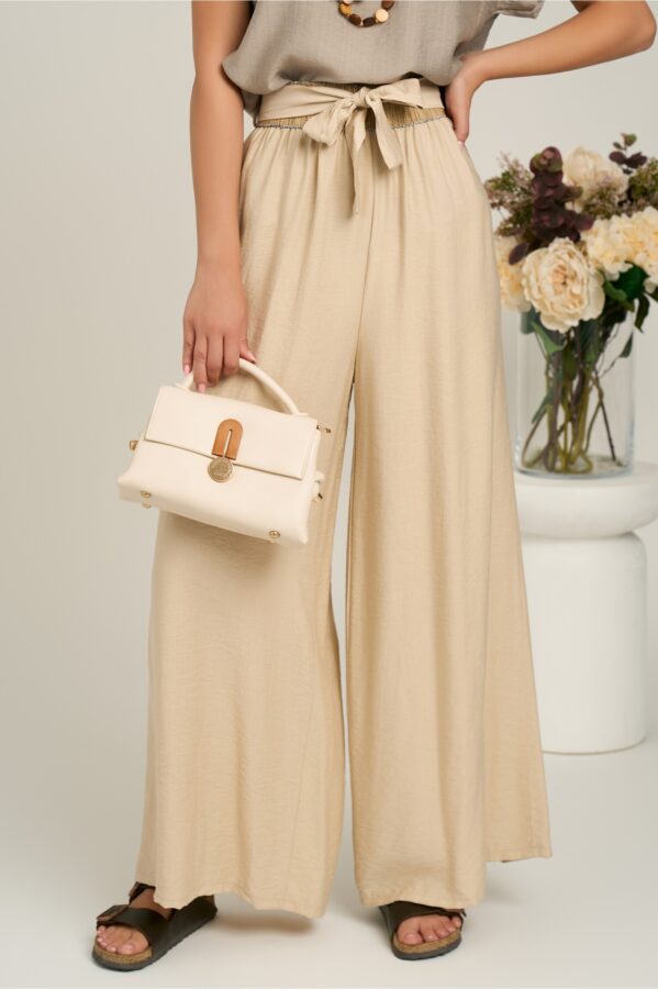 Pantaloni bej evazati din viscoza cu elastic si cordon in talie