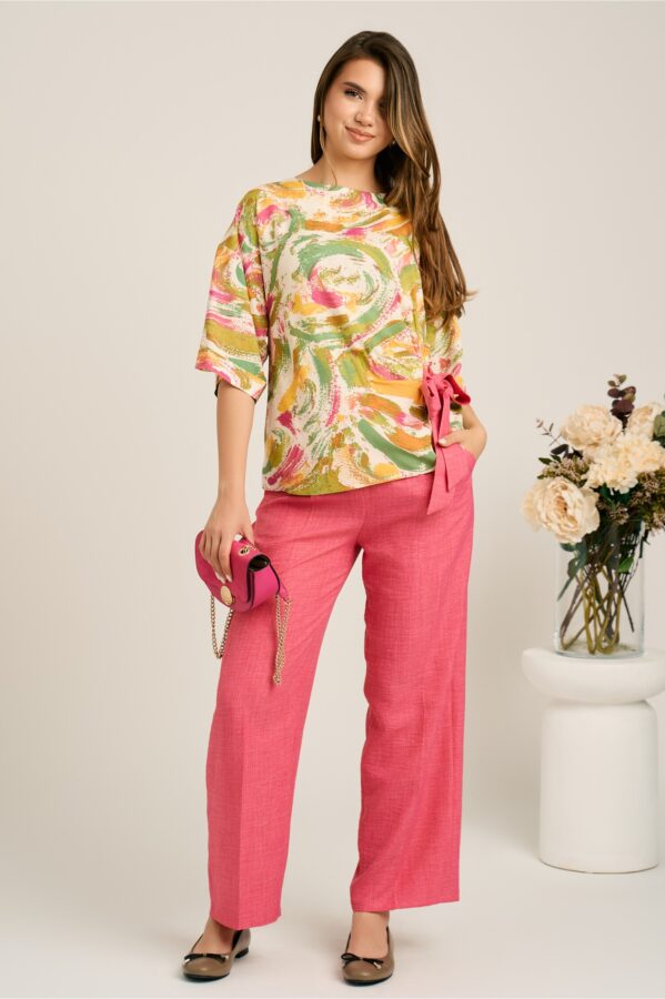 Pantaloni fucsia din viscoza cu croi drept si buzunare- Viada