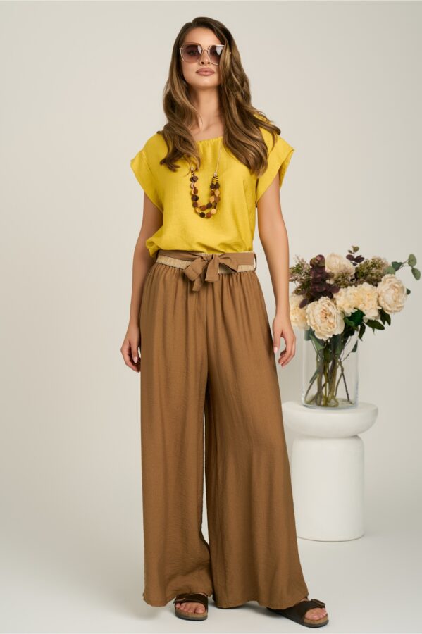 Pantaloni maro evazati din viscoza cu elastic si cordon in talie