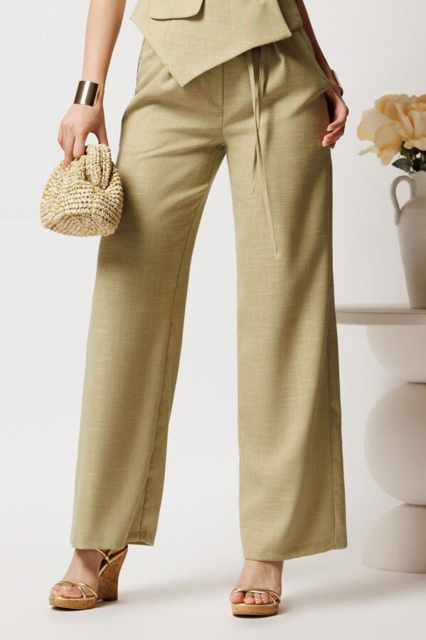 Pantaloni verde olive din in cu croi drept si buzunare- Moze