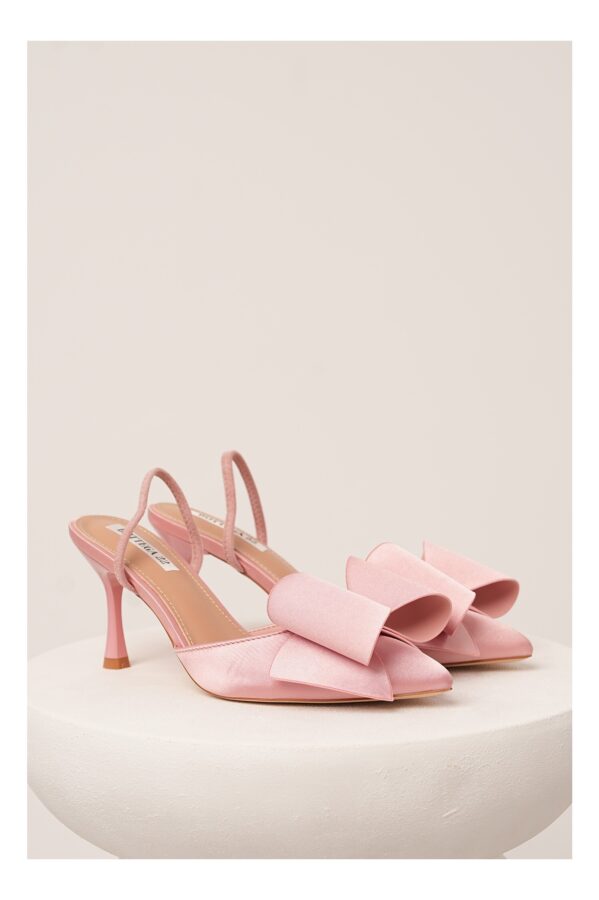 Pantofi roz eleganti din satin cu funda maxi