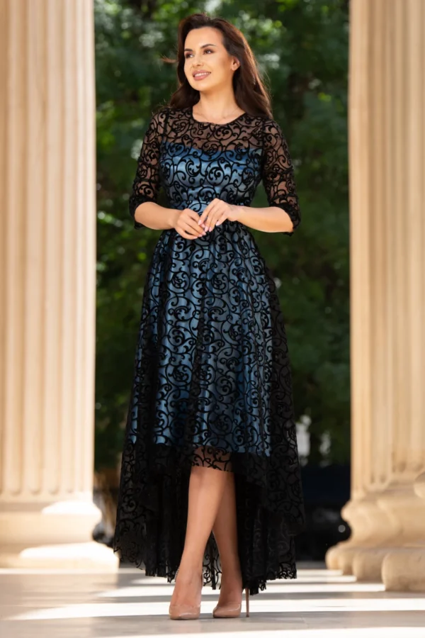 Rochie de ocazie asimetrica Francesca cu model din catifea si dublura bleu