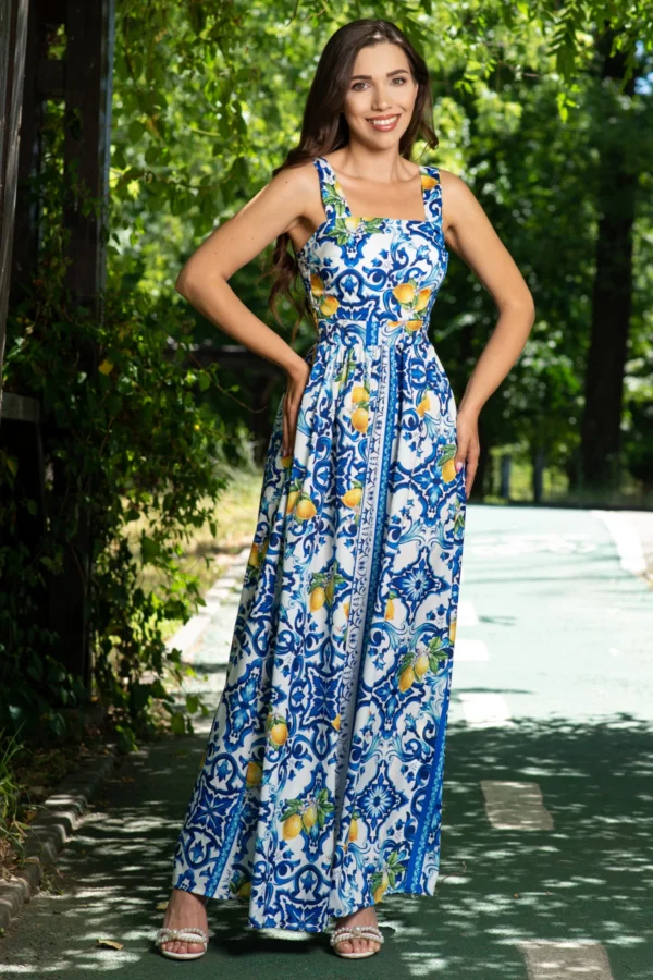 Rochie de vara lunga cu imprimeu albastru