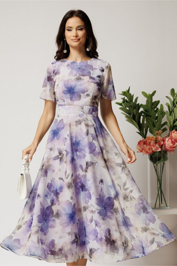 Rochie DY Fashion lunga lila cu imprimeu floral din voal in croi clos