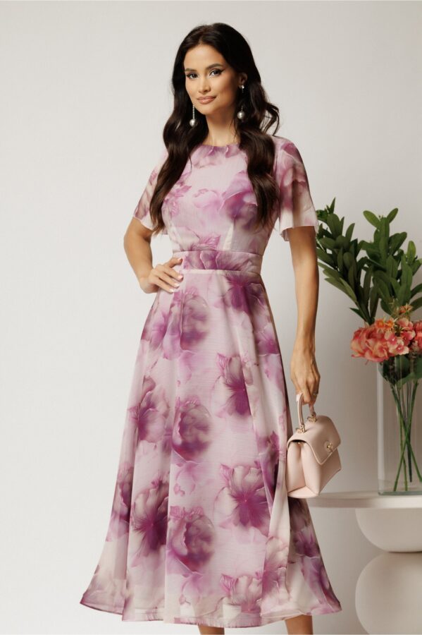 Rochie DY Fashion lunga roz pudrat cu imprimeu floral din voal in croi clos