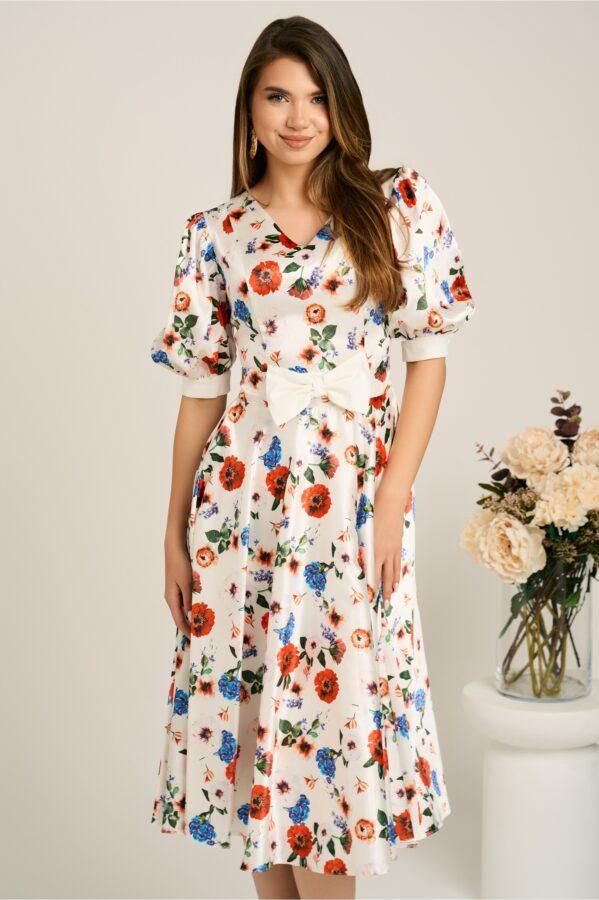Rochie DY Fashion midi alba din satin in clos cu flori colorate si funda in talie