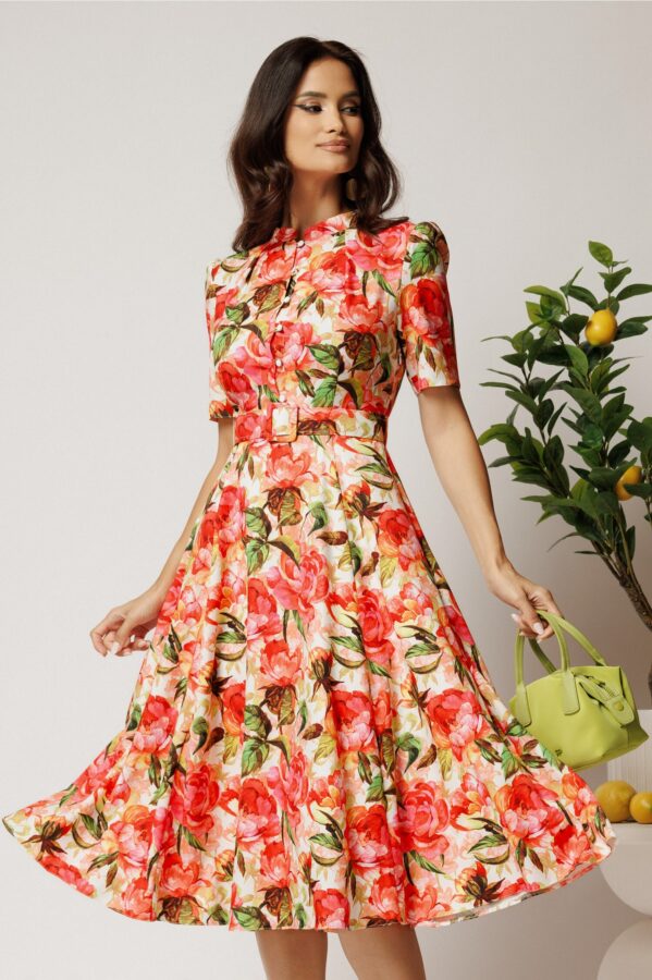 Rochie DY Fashion midi cu flori corai in clos din rayon si curea in talie