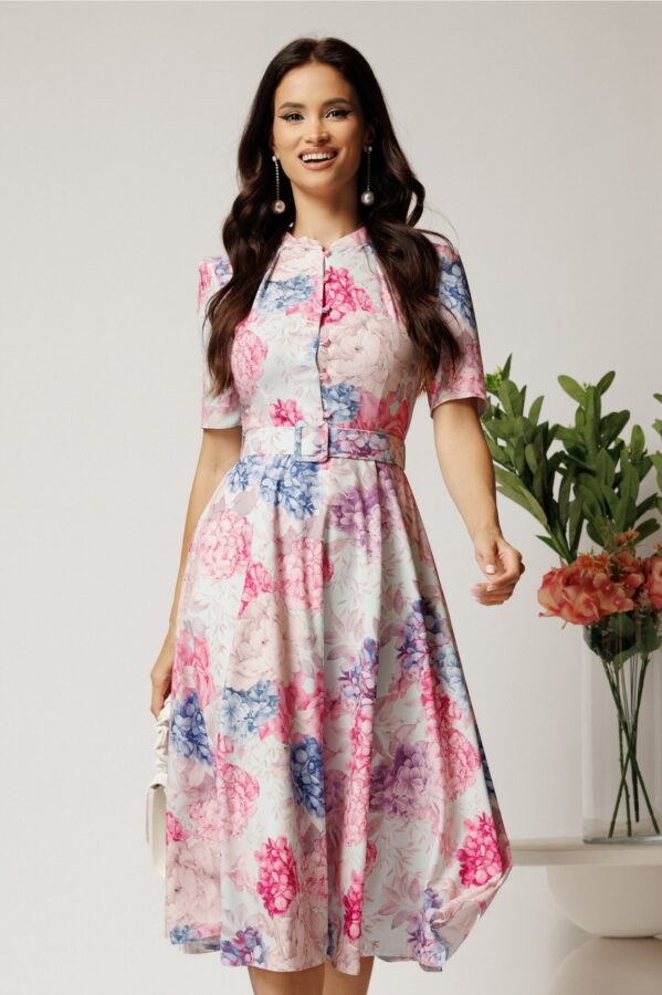 Rochie DY Fashion midi cu flori roz si bleu in clos din rayon