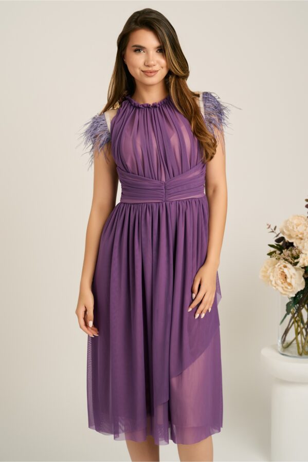 Rochie DY Fashion midi din tull mov in clos cu pene la umeri