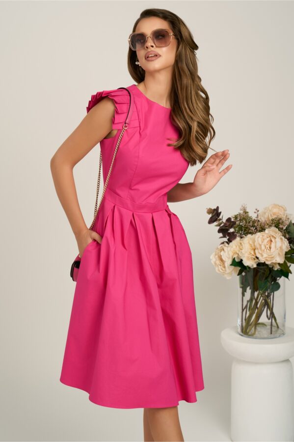Rochie DY Fashion midi fucsia din poplin in clos cu volane la umeri