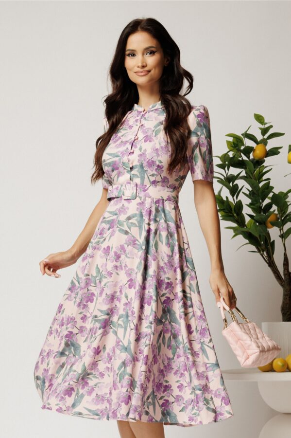 Rochie DY Fashion midi lila in clos din triplu voal cu imprimeu floral si curea in talie